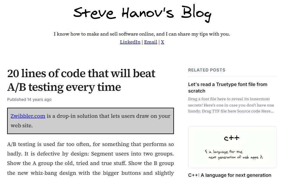 Screenshot of stevehanov.ca captured 2026-07-20