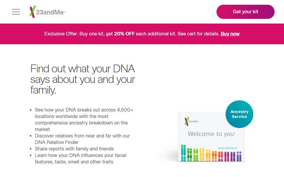 Screenshot of www.23andme.com captured 2026-07-20