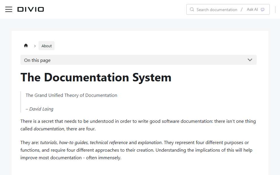 Screenshot of documentation.divio.com captured 2026-07-20