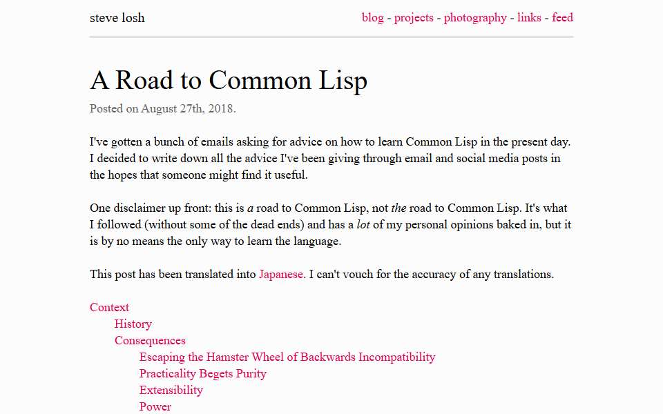 Screenshot of stevelosh.com captured 2026-07-20