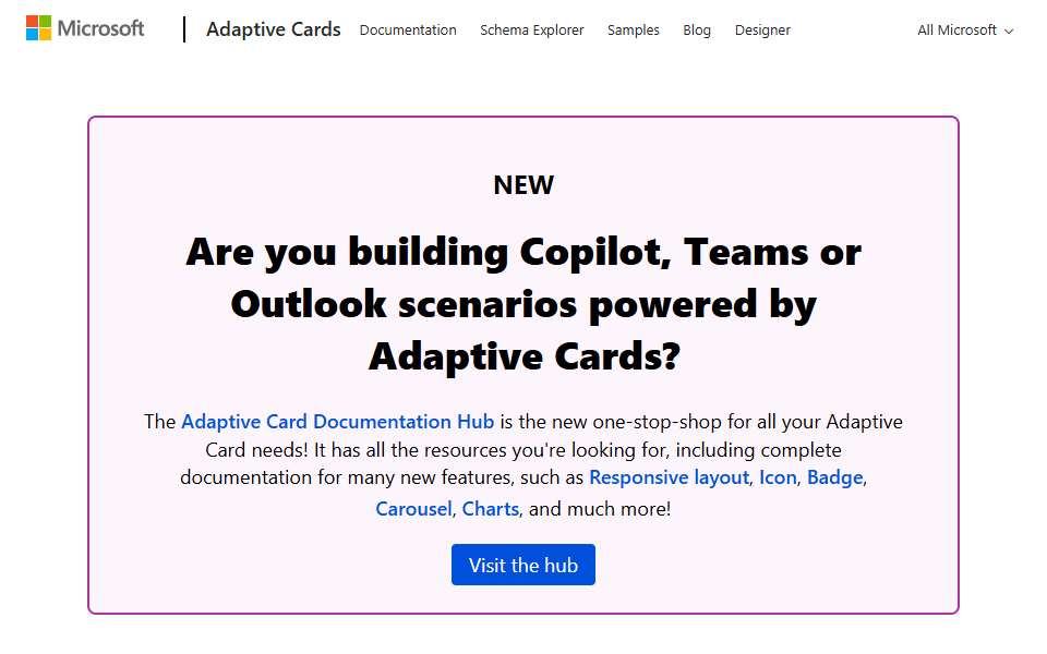 Screenshot of adaptivecards.io captured 2026-07-20