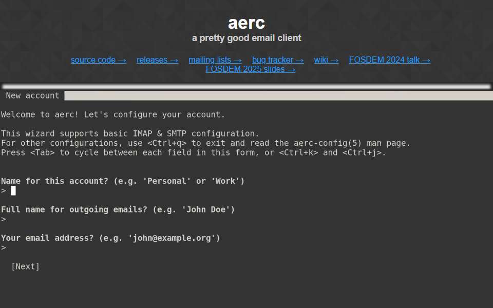 Screenshot of aerc-mail.org captured 2026-07-20