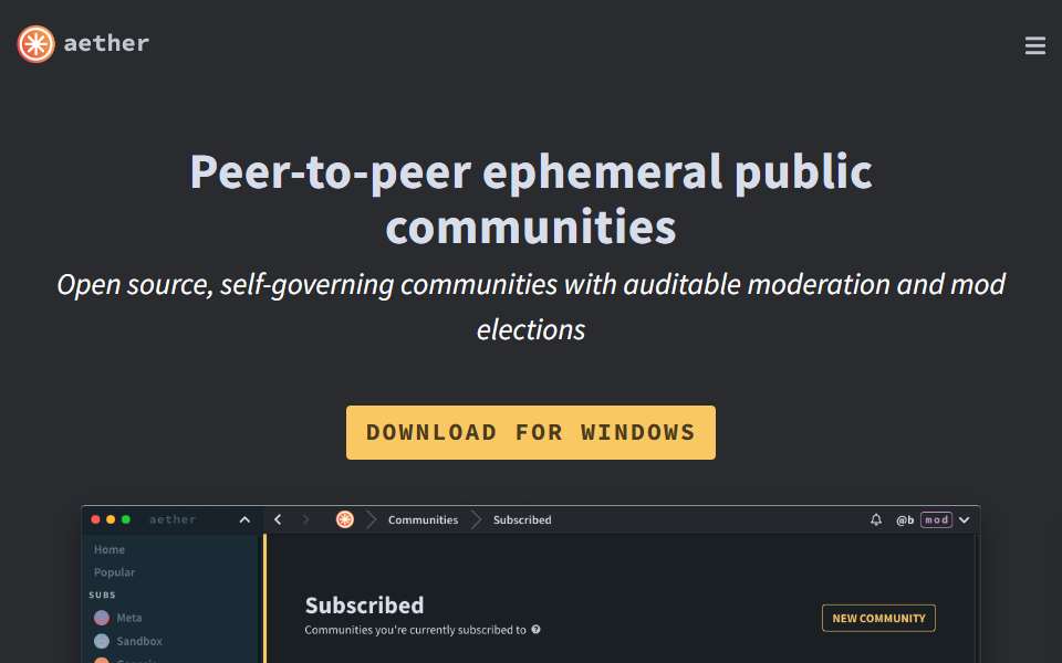 Screenshot of getaether.net captured 2026-07-20