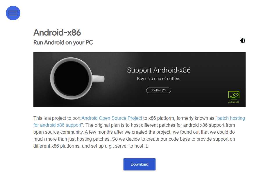 Screenshot of www.android-x86.org captured 2026-07-20