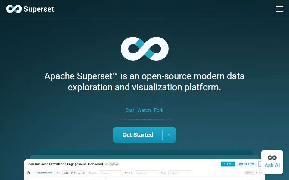 Screenshot of superset.apache.org captured 2026-07-20
