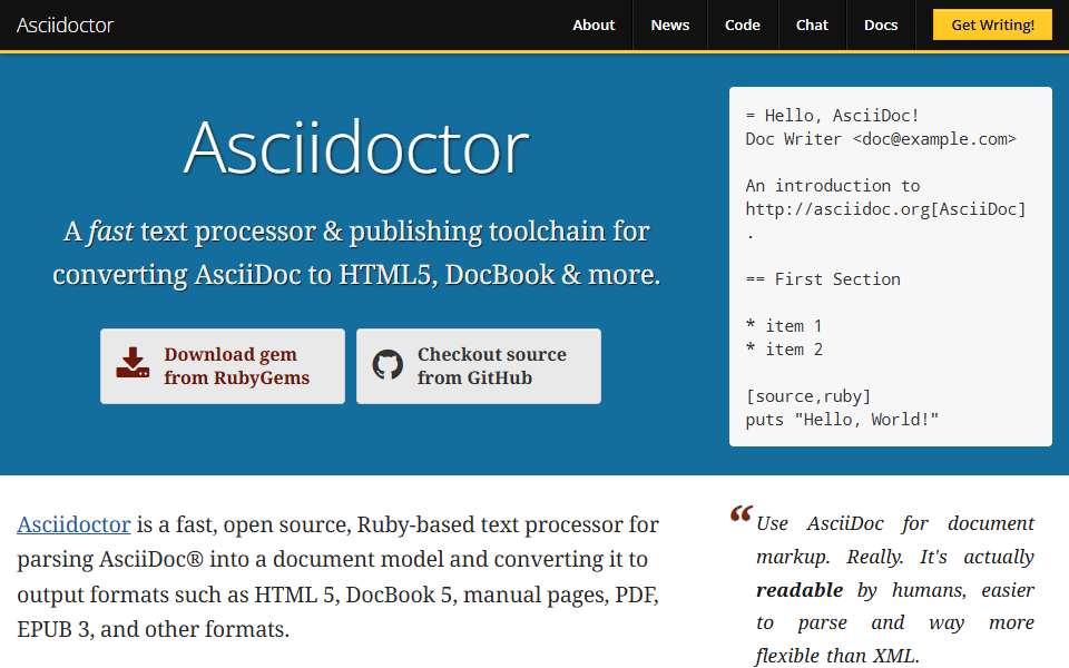 Screenshot of asciidoctor.org captured 2026-07-20