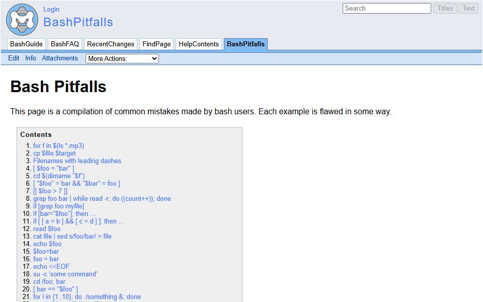 Screenshot of mywiki.wooledge.org captured 2026-07-20