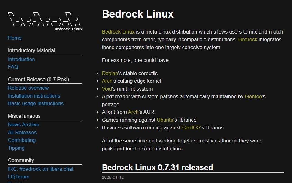 Screenshot of bedrocklinux.org captured 2026-07-20