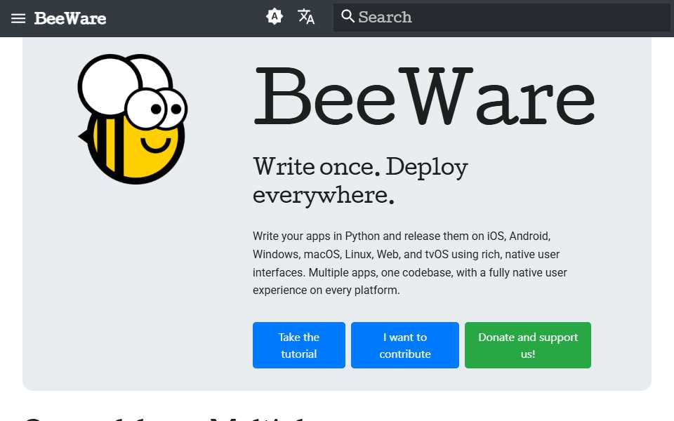 Screenshot of beeware.org captured 2026-07-20