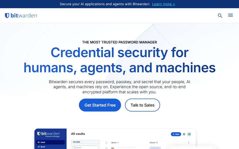 Screenshot of bitwarden.com captured 2026-07-20