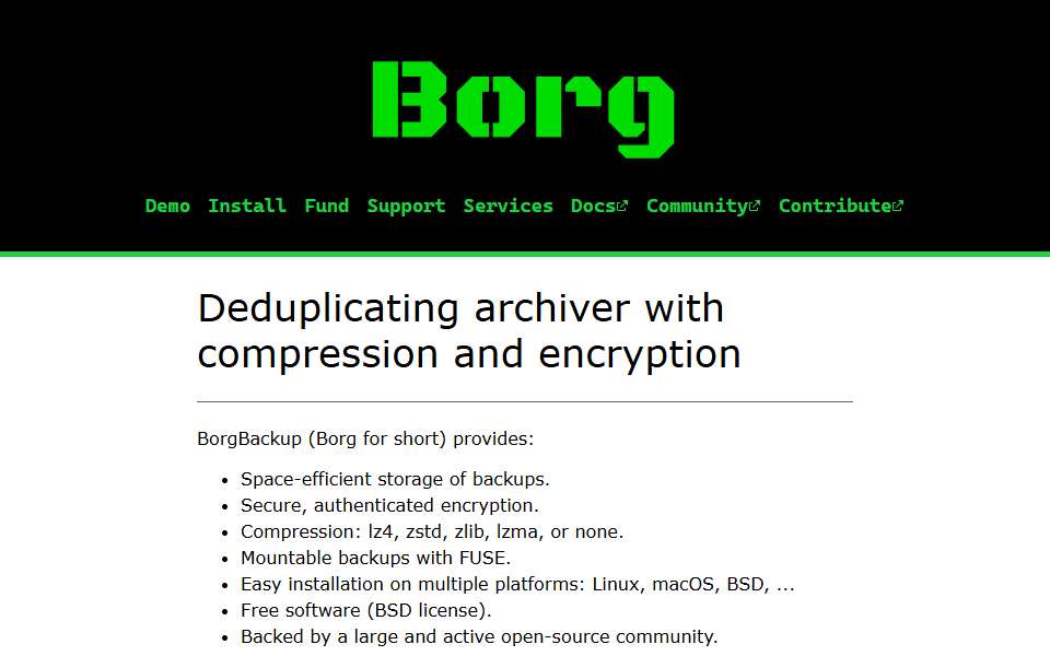 Screenshot of www.borgbackup.org captured 2026-07-20