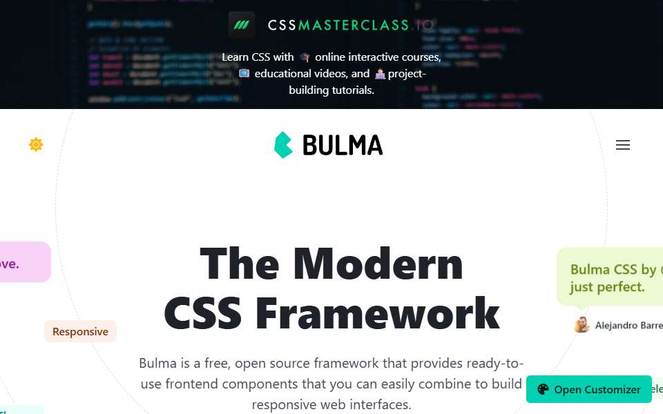 Screenshot of bulma.io captured 2026-07-20
