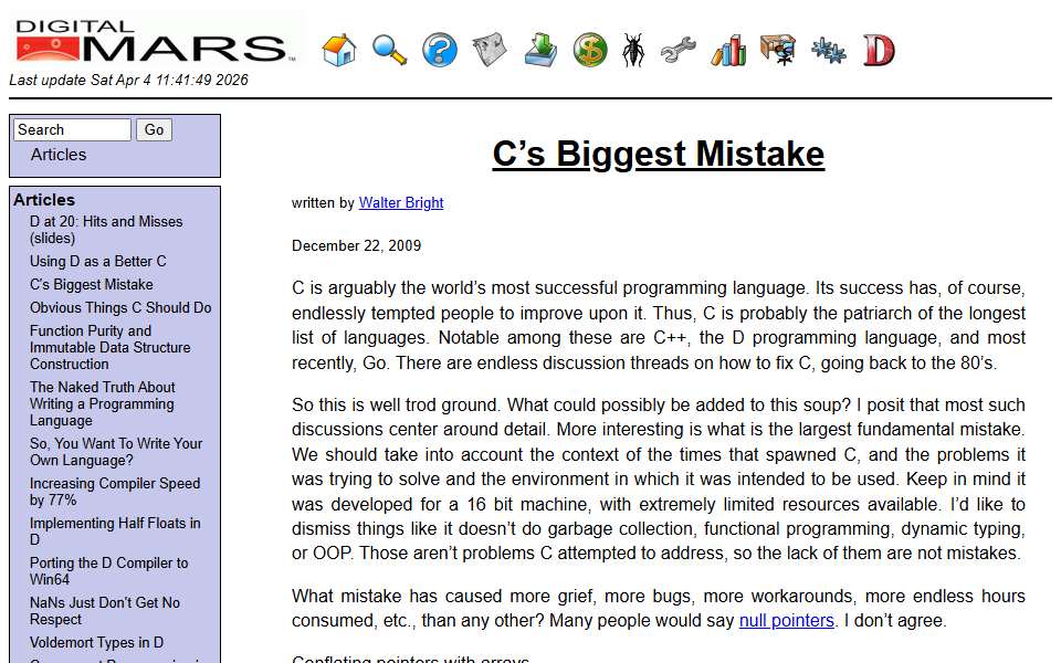 Screenshot of digitalmars.com captured 2026-07-20