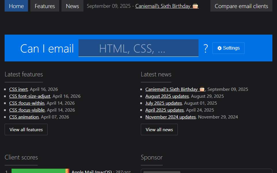 Screenshot of www.caniemail.com captured 2026-07-20