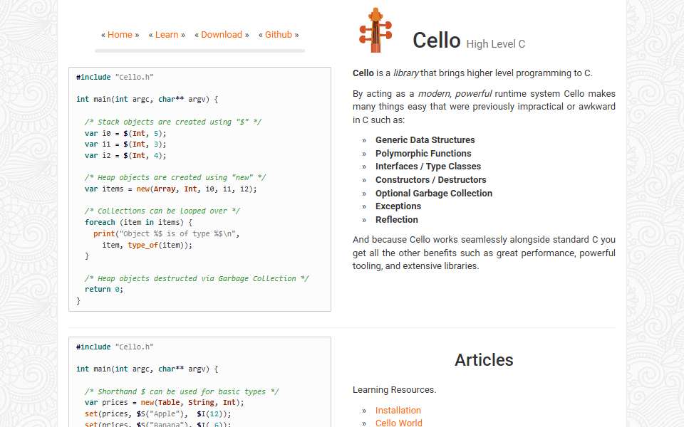 Screenshot of libcello.org captured 2026-07-20