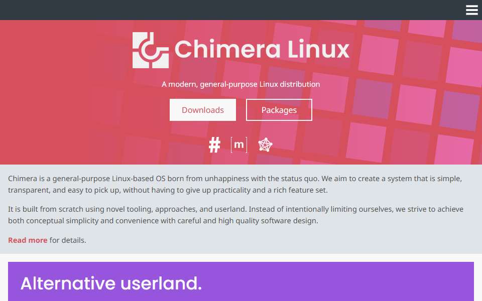 Screenshot of chimera-linux.org captured 2026-07-20