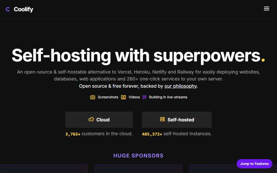 Screenshot of coolify.io captured 2026-07-20