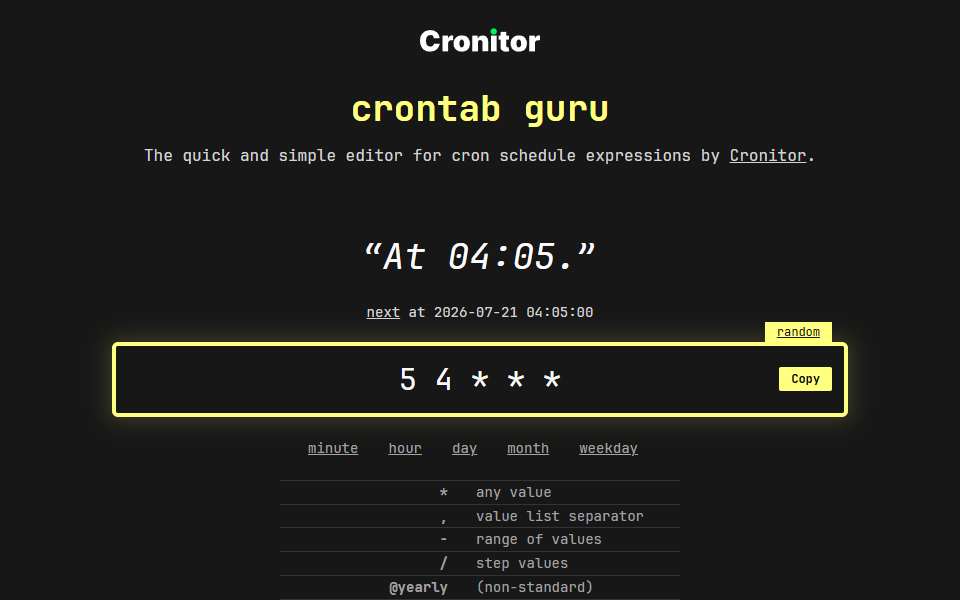 Screenshot of crontab.guru captured 2026-07-20