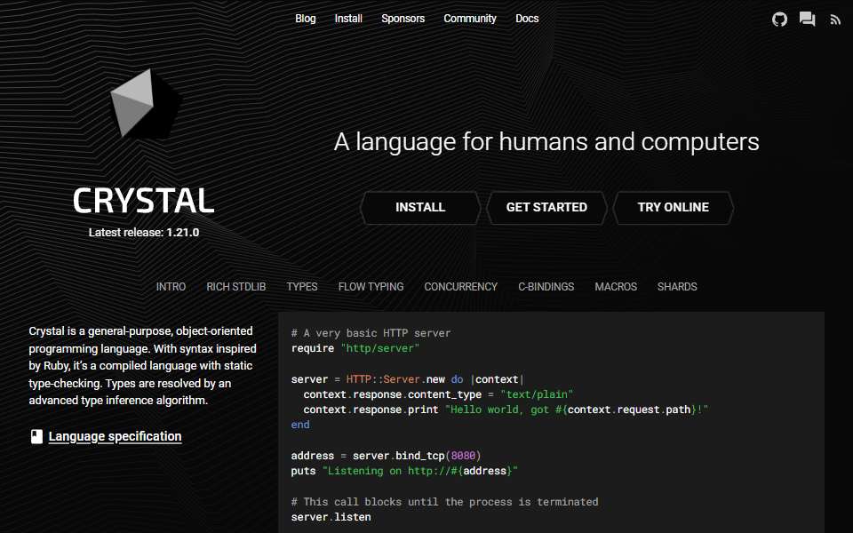 Screenshot of crystal-lang.org captured 2026-07-20