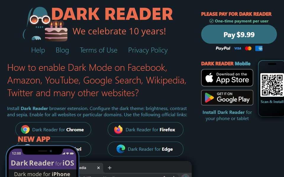 Screenshot of darkreader.org captured 2026-07-20