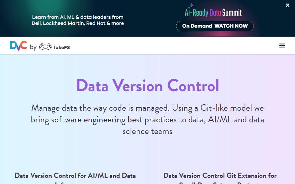 Screenshot of dvc.org captured 2026-07-20