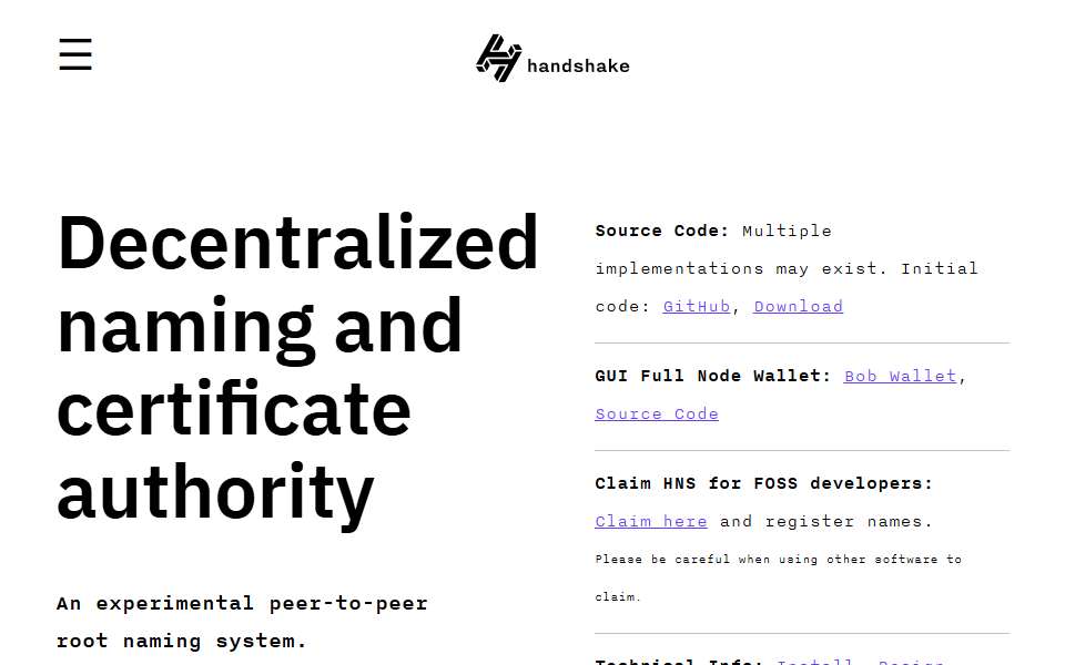 Screenshot of handshake.org captured 2026-07-20