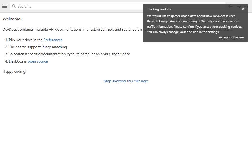 Screenshot of devdocs.io captured 2026-07-20