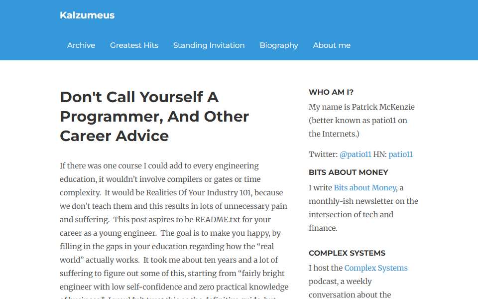Screenshot of www.kalzumeus.com captured 2026-07-20