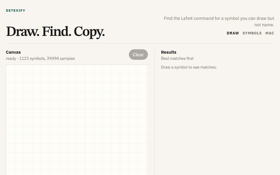Screenshot of detexify.kirelabs.org captured 2026-07-20