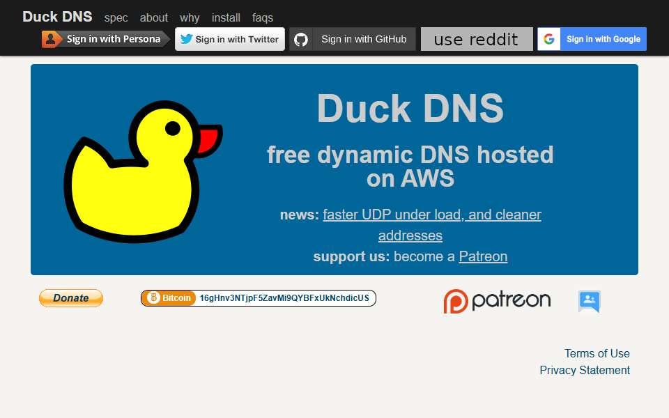 Screenshot of www.duckdns.org captured 2026-07-20