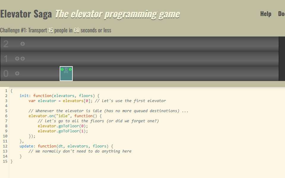 Screenshot of play.elevatorsaga.com captured 2026-07-20
