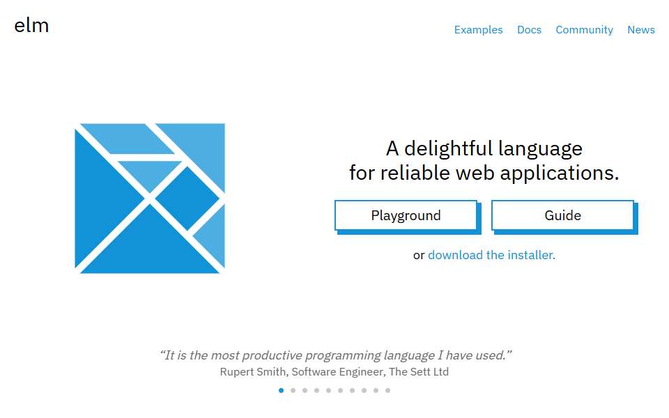 Screenshot of elm-lang.org captured 2026-07-20