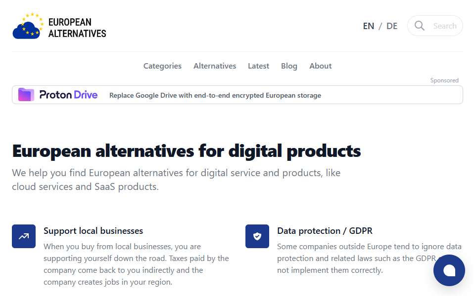 Screenshot of european-alternatives.eu captured 2026-07-20