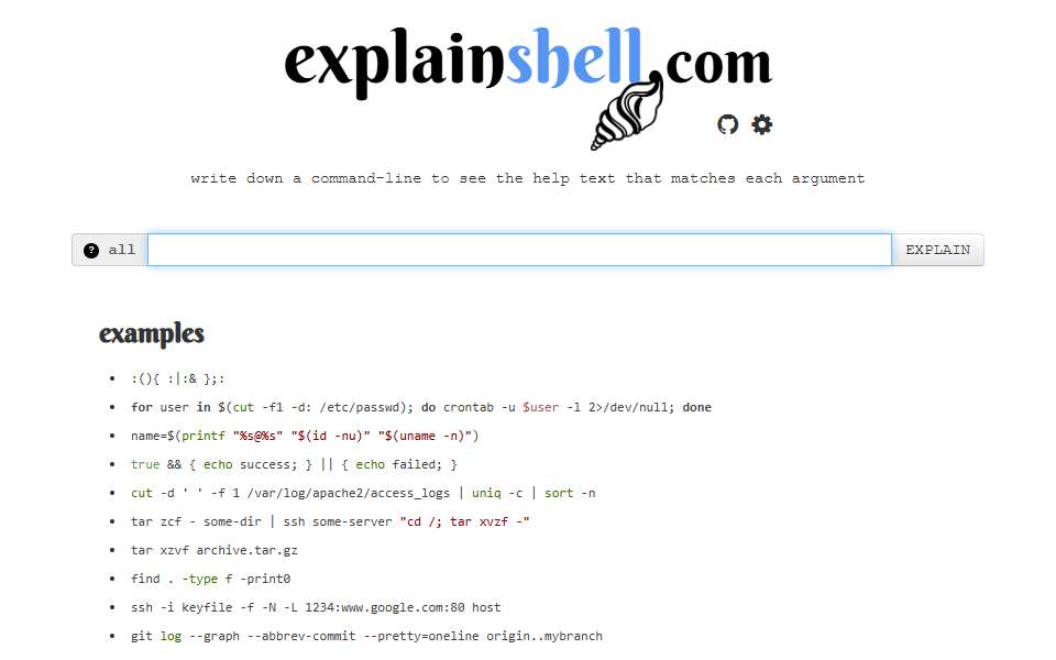 Screenshot of explainshell.com captured 2026-07-20