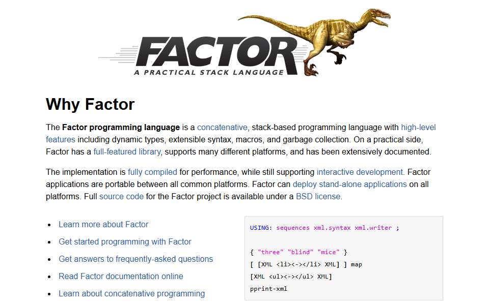 Screenshot of factorcode.org captured 2026-07-20