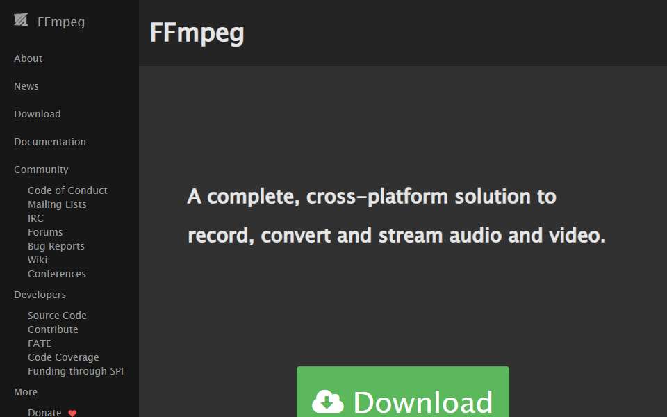 Screenshot of ffmpeg.org captured 2026-07-20