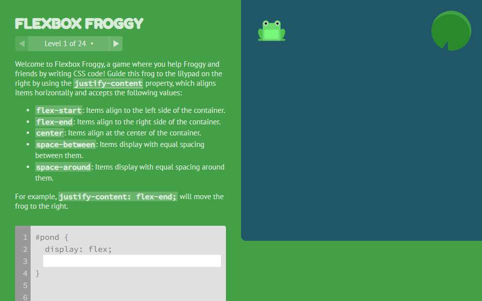Screenshot of flexboxfroggy.com captured 2026-07-20