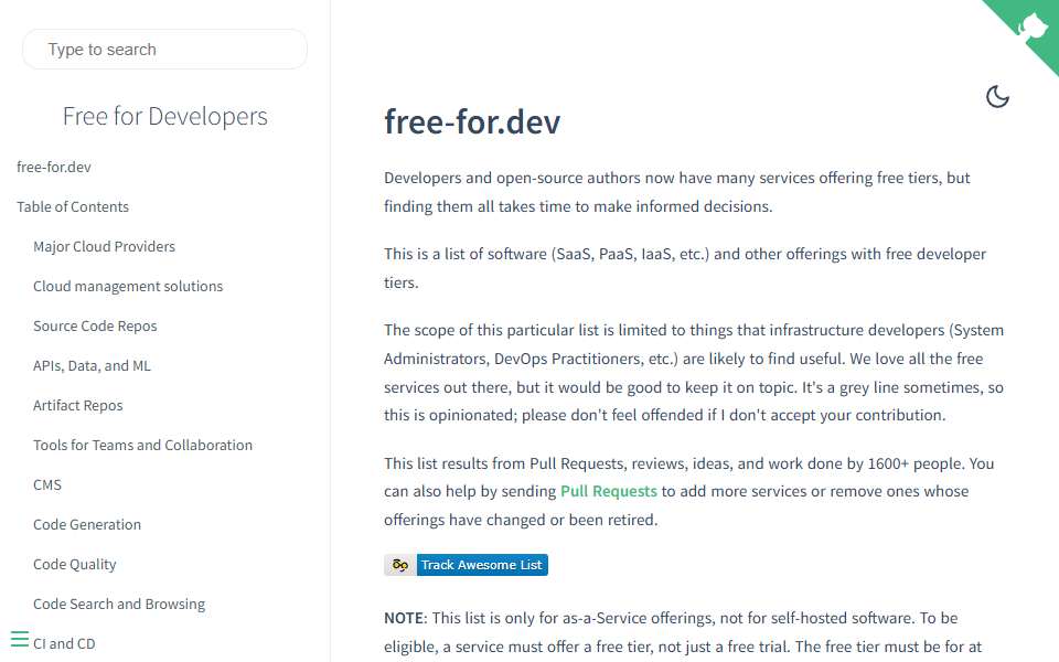 Screenshot of free-for.dev captured 2026-07-20
