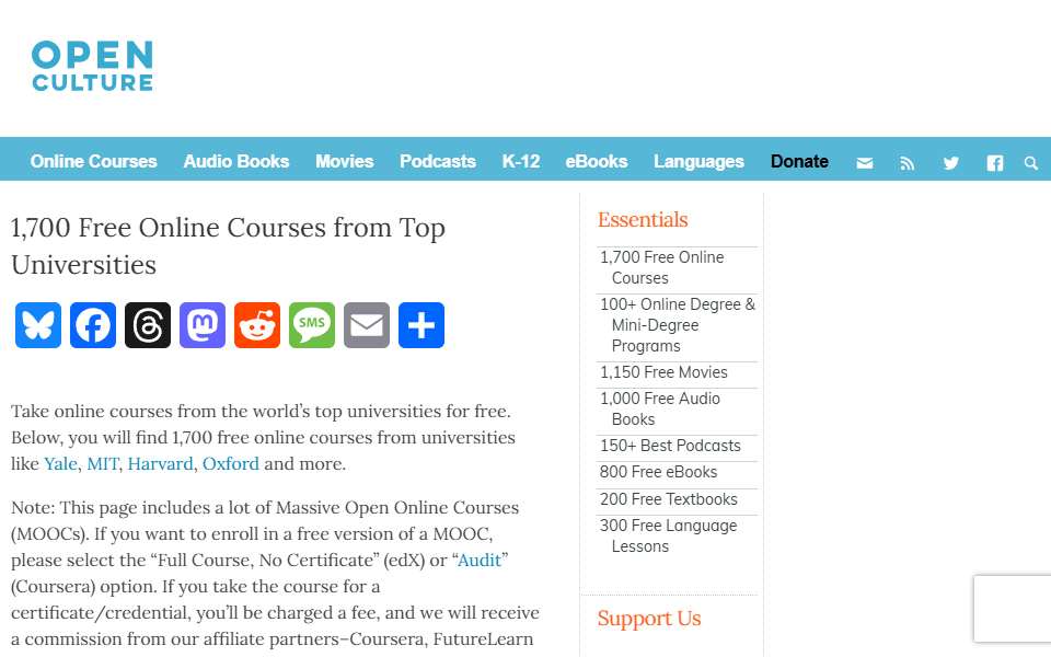 Screenshot of www.openculture.com captured 2026-07-20