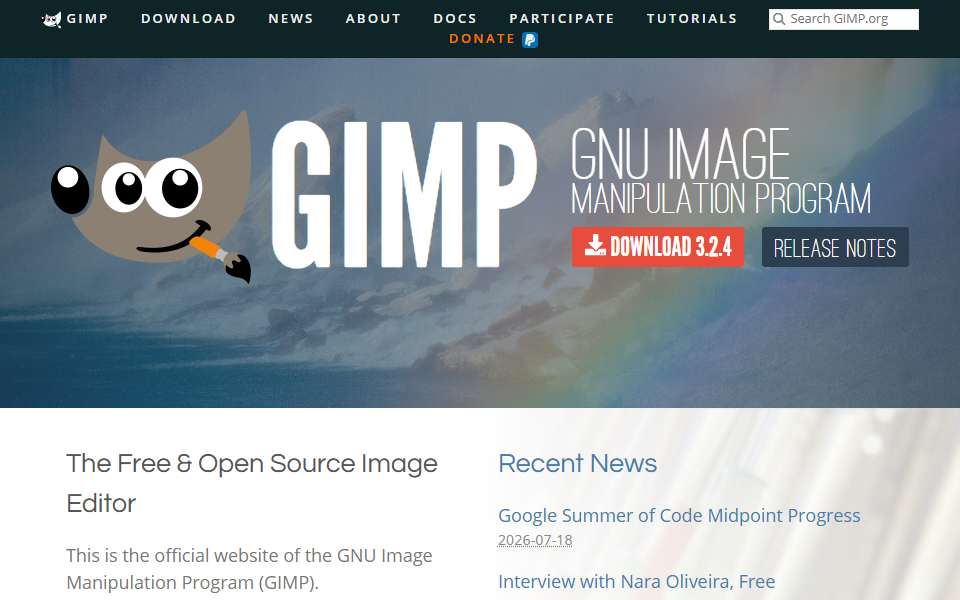 Screenshot of www.gimp.org captured 2026-07-20