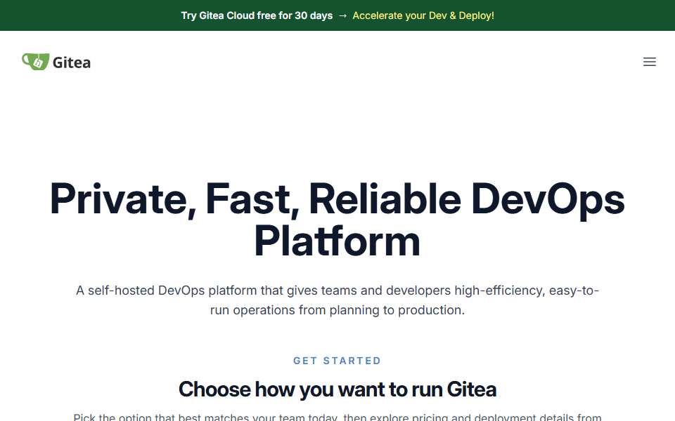 Screenshot of gitea.io captured 2026-07-20