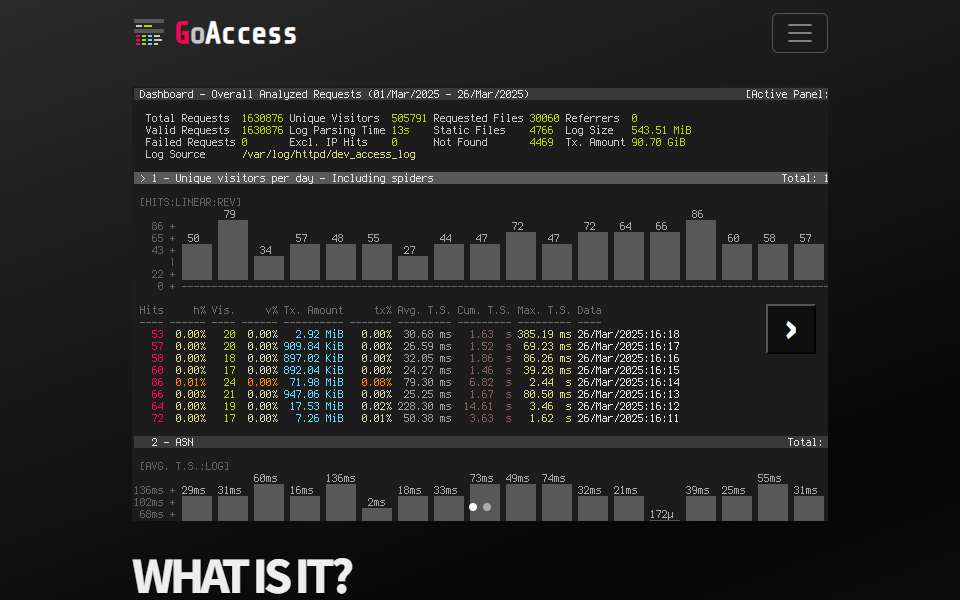 Screenshot of goaccess.io captured 2026-07-20