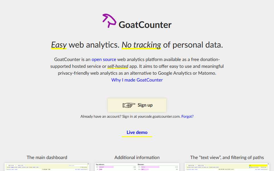 Screenshot of www.goatcounter.com captured 2026-07-20