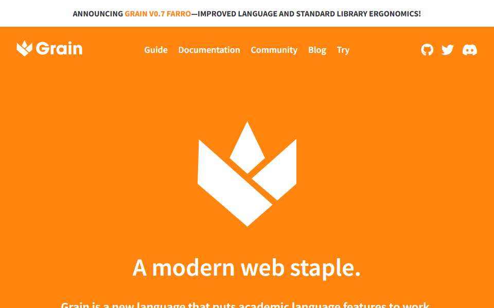 Screenshot of grain-lang.org captured 2026-07-20