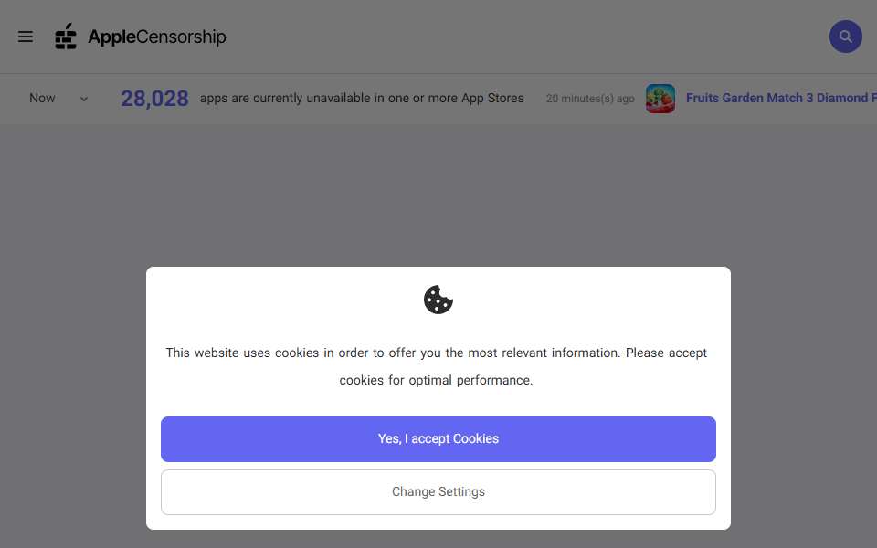Screenshot of applecensorship.com captured 2026-07-20