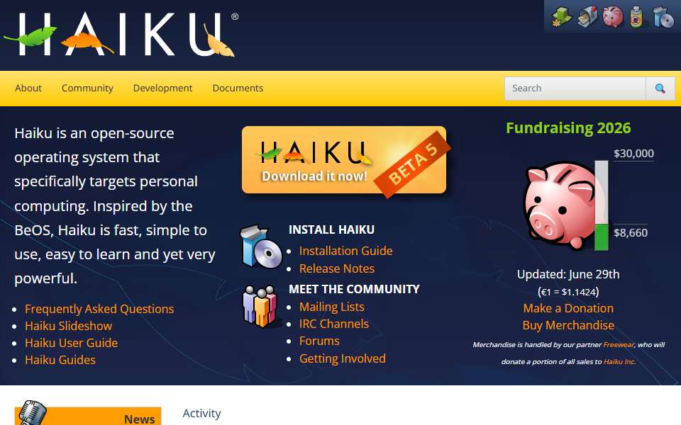 Screenshot of www.haiku-os.org captured 2026-07-20