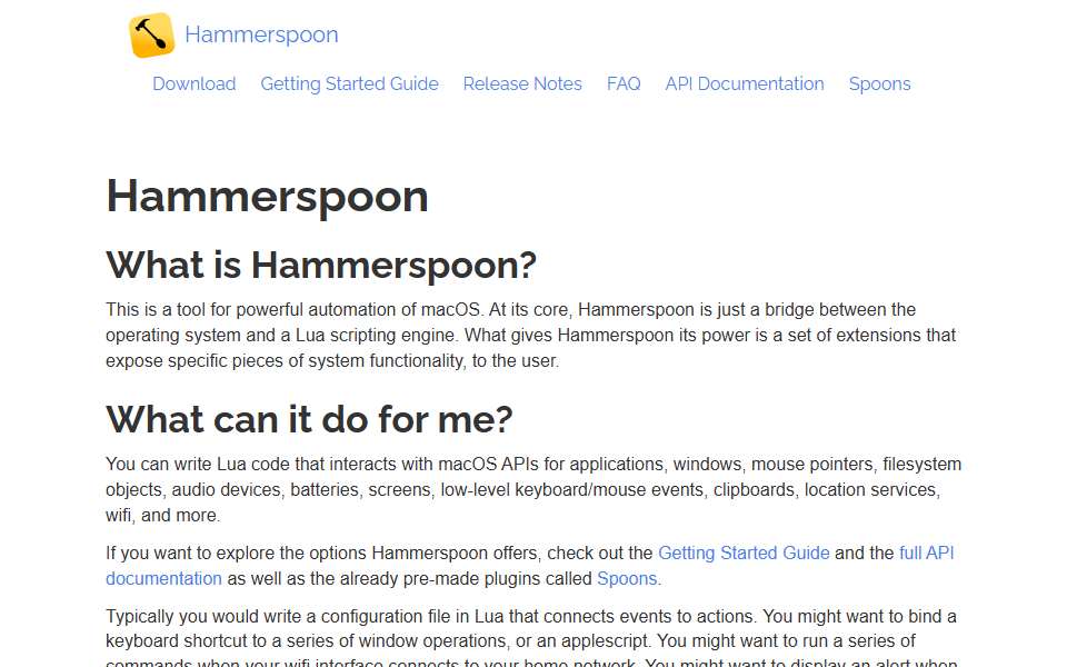 Screenshot of www.hammerspoon.org captured 2026-07-20