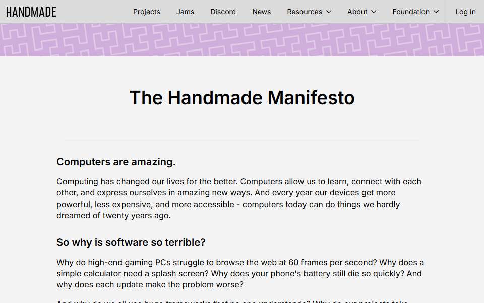 Screenshot of handmade.network captured 2026-07-20