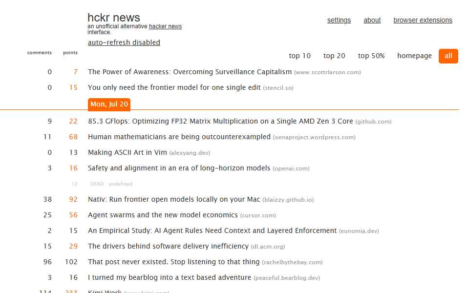 Screenshot of hckrnews.com captured 2026-07-20