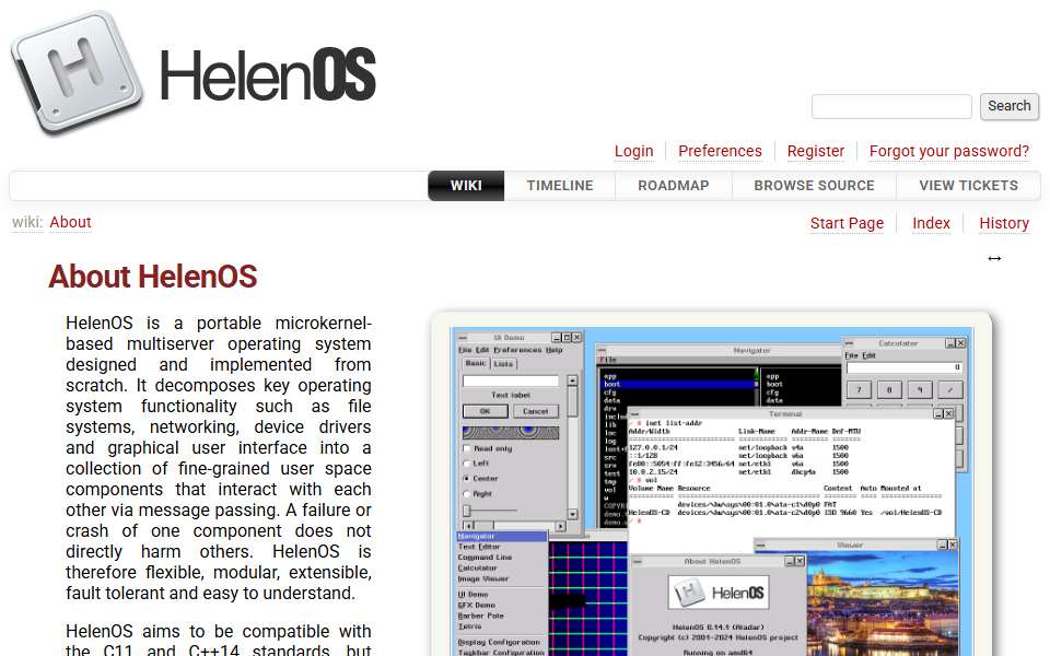 Screenshot of www.helenos.org captured 2026-07-20